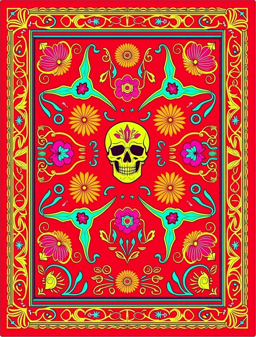 Vibrant Red Yellow Skull Floral Whimsy Rug