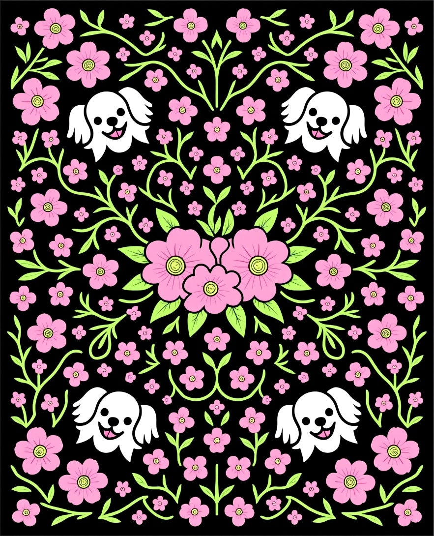 Playful Pink Floral Dog Scene Rug