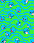 Whimsical Blue Faces Wavy Green Background Rug