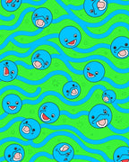 Whimsical Blue Faces Wavy Green Background Rug