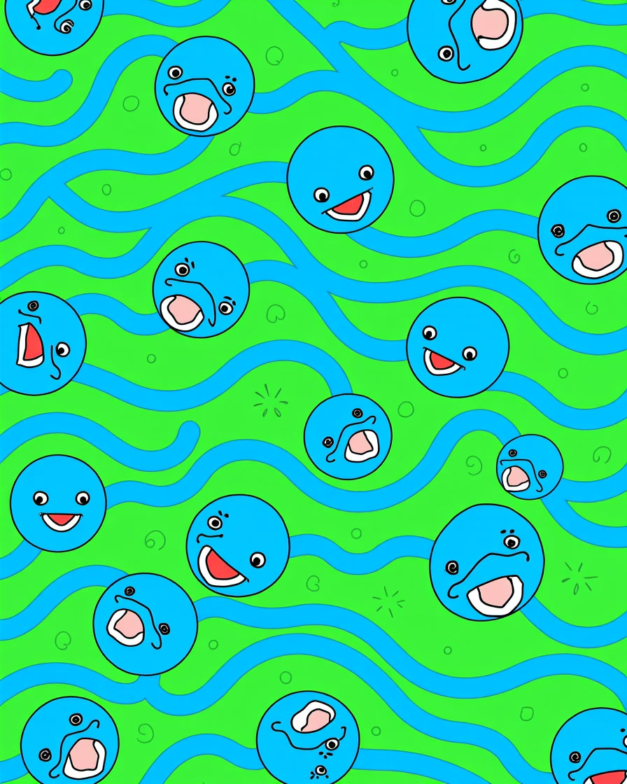 Whimsical Blue Faces Wavy Green Background Rug