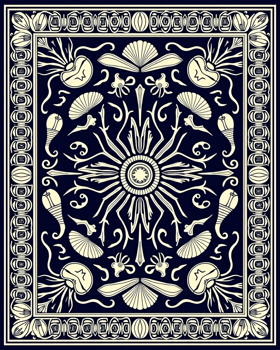 Dark Blue Cream Nautical Sunburst Rug