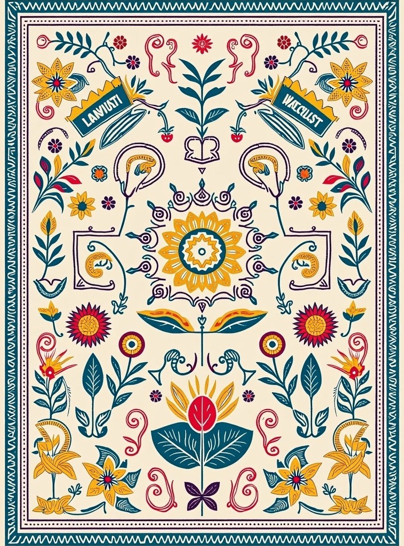 Yellow Red Blue Floral Folk Art Rug