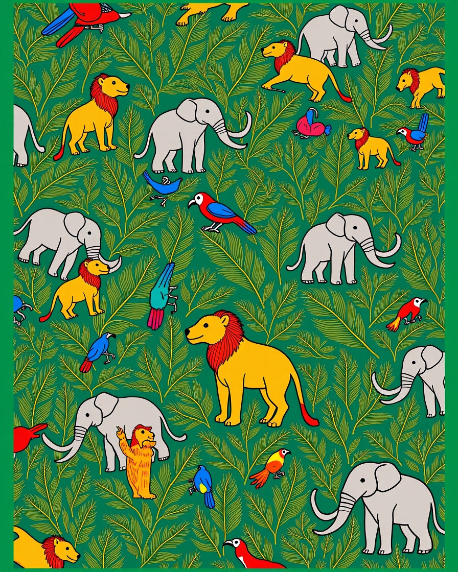 Emerald Jungle Animals Lion Elephant Birds Rug