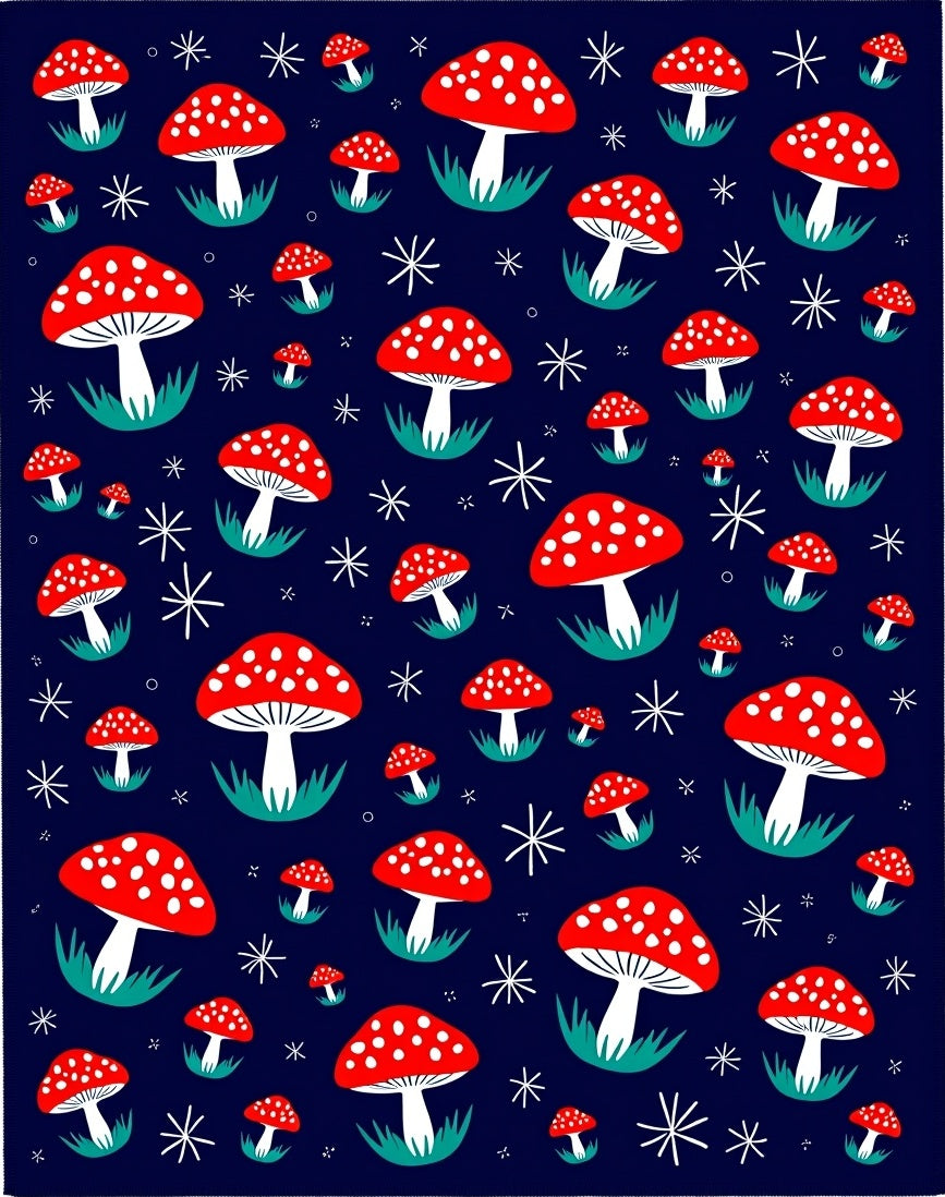 Whimsical Red Mushroom Starry Night Rug