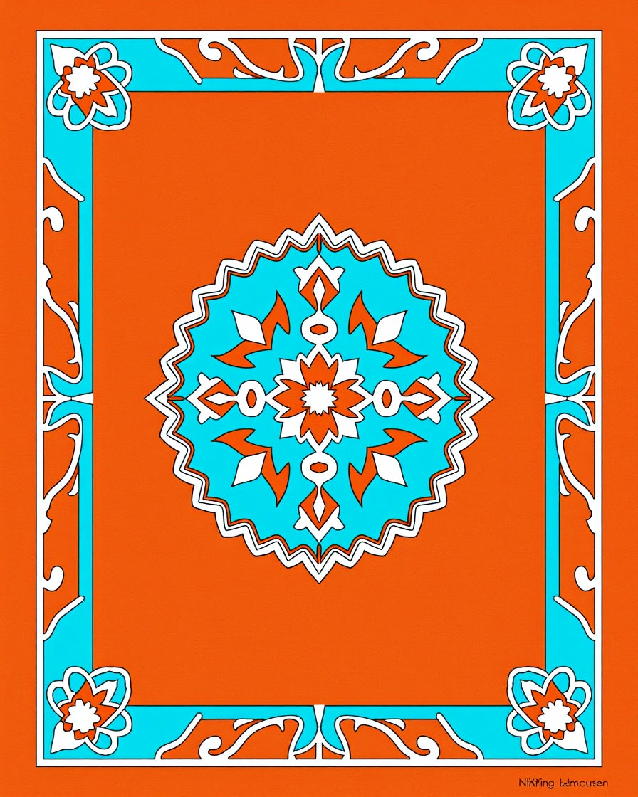 Vibrant Orange Teal Floral Medallion Rug