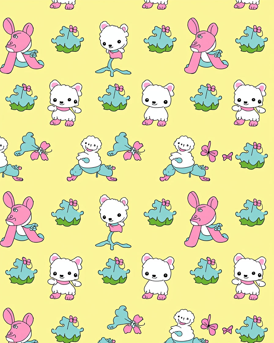 Pink White Cute Critters Yellow Background Rug
