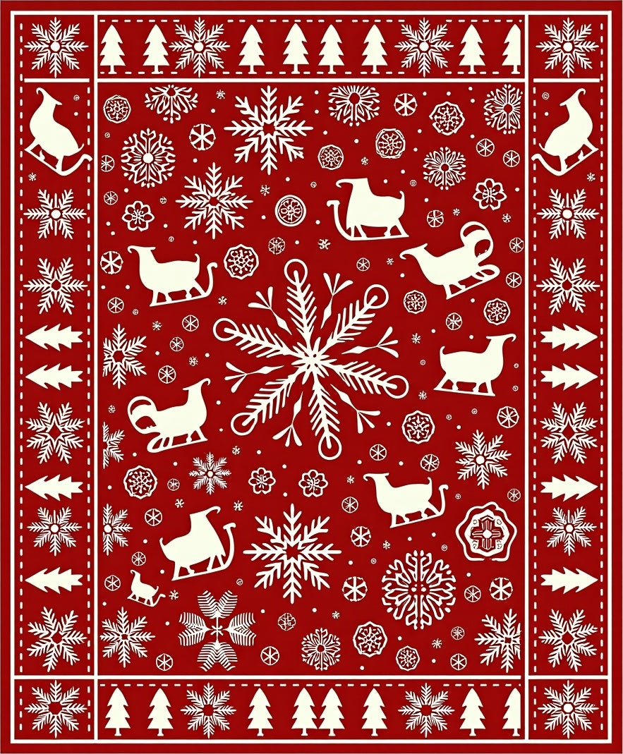Red White Winter Sleigh Snowflake Trees Rug