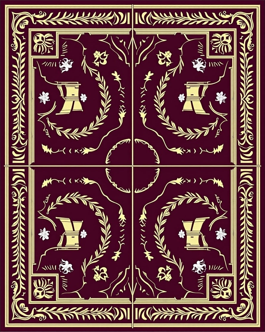 Ornate Crimson Golden Floral Border Rug