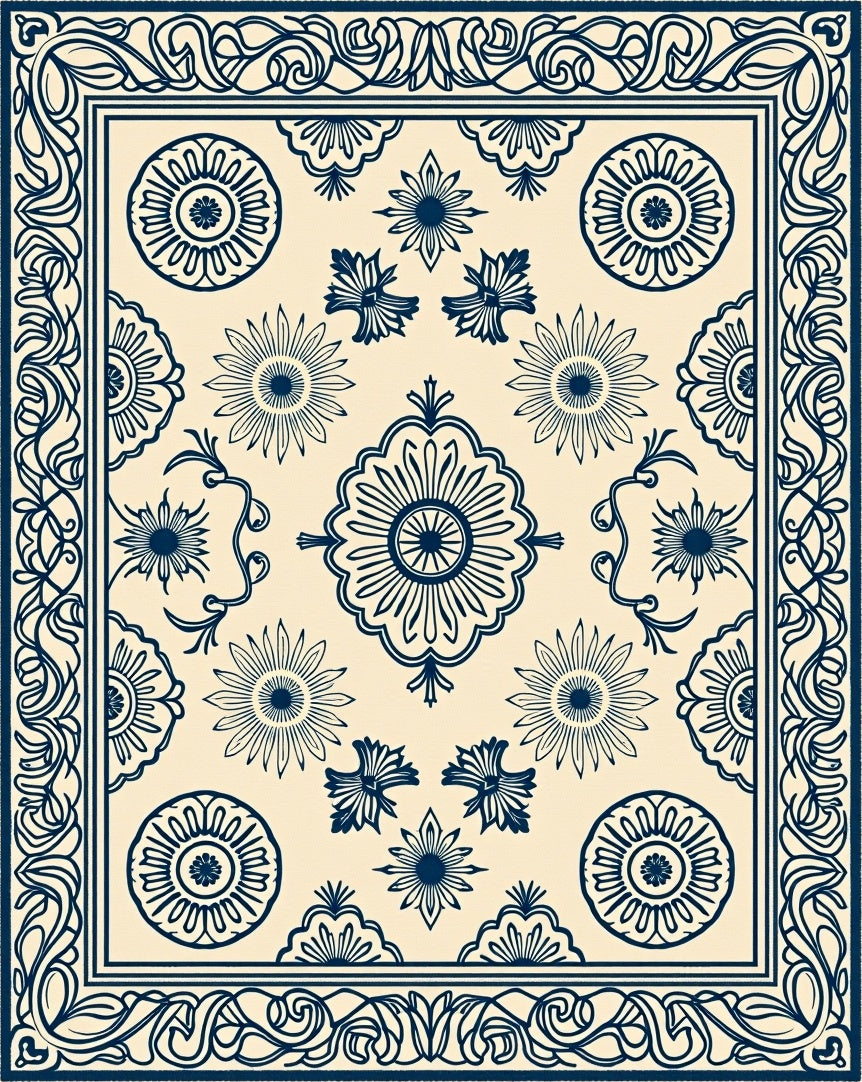 Deep Blue Sunburst Cream Textile Rug