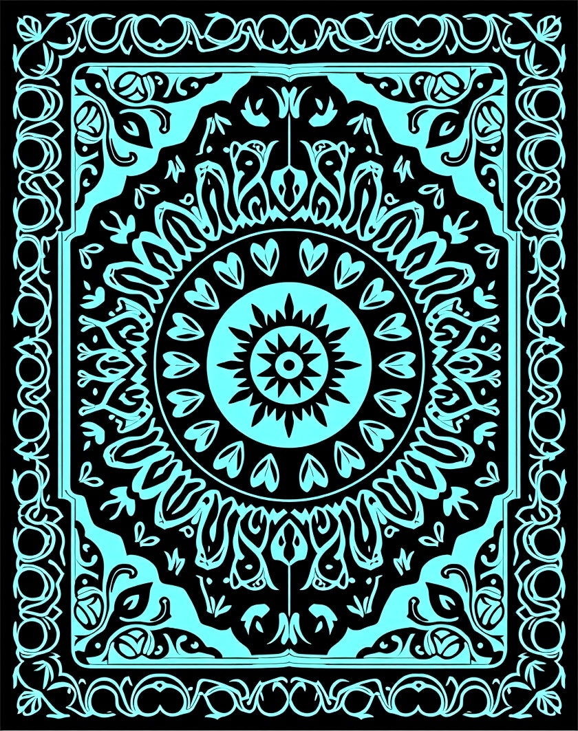 Aqua Black Intricate Medallion Border Rug