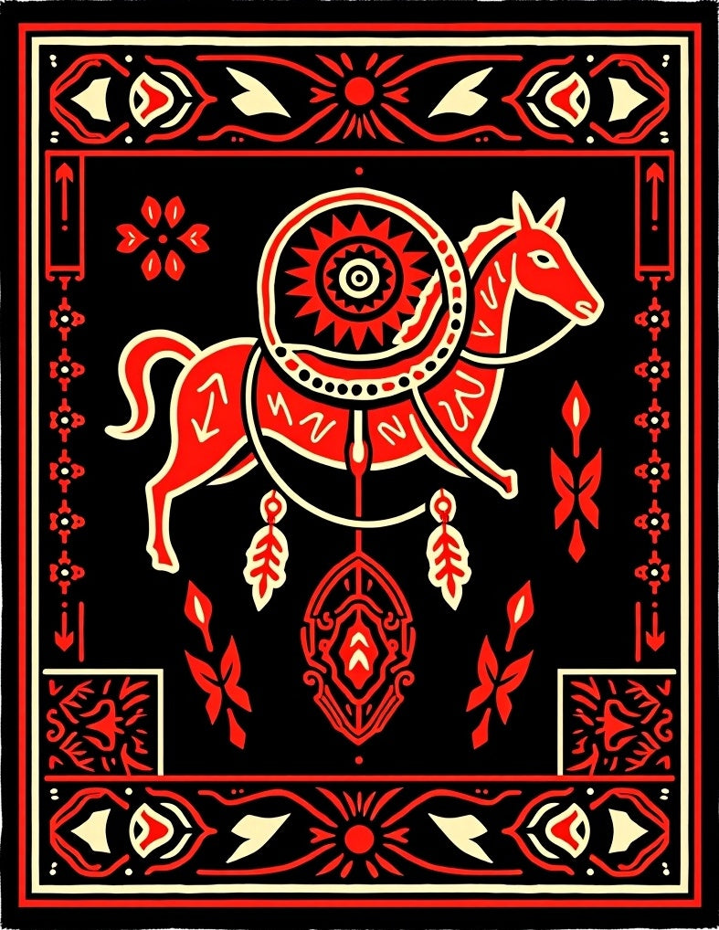 Red Horse Tribal Mandala Rug