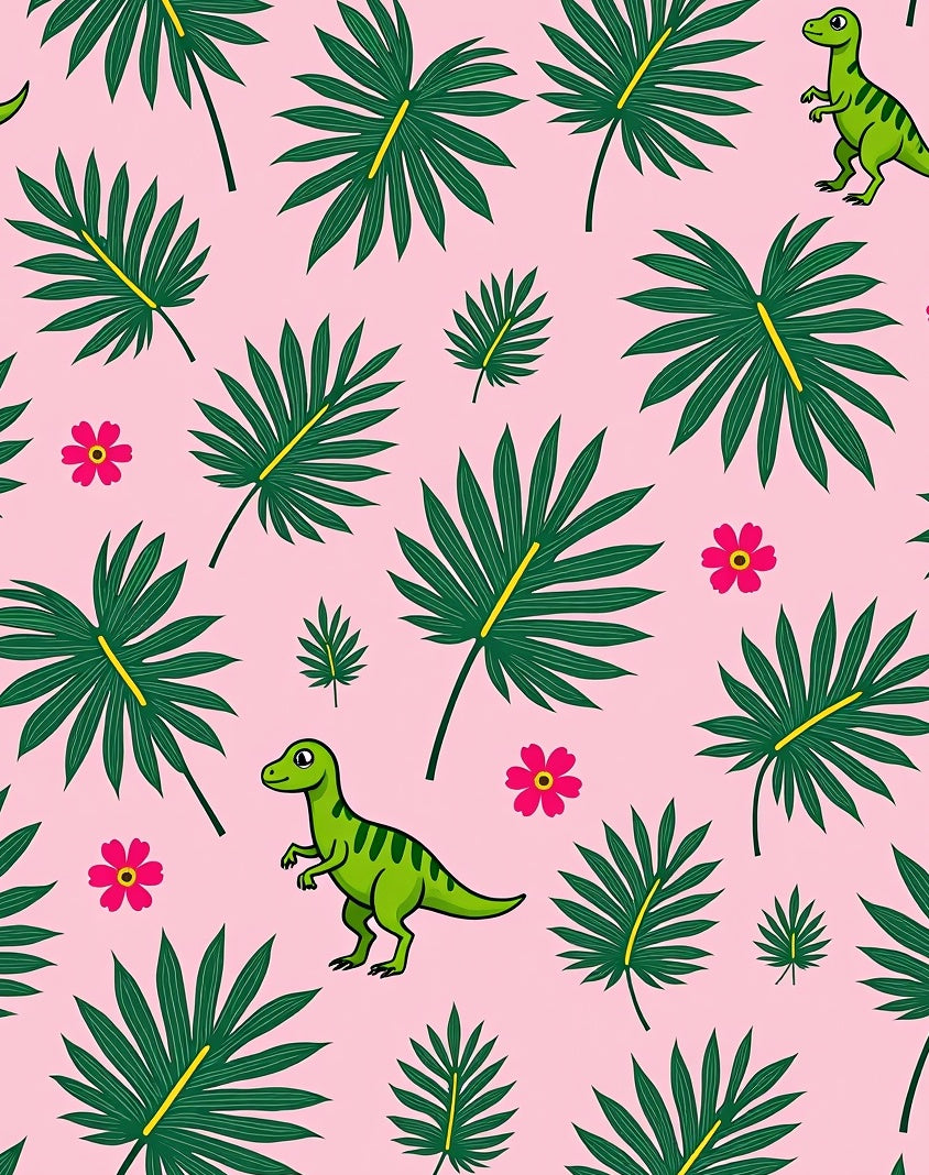 Green Dinosaurs and Tropical Leaves Rug