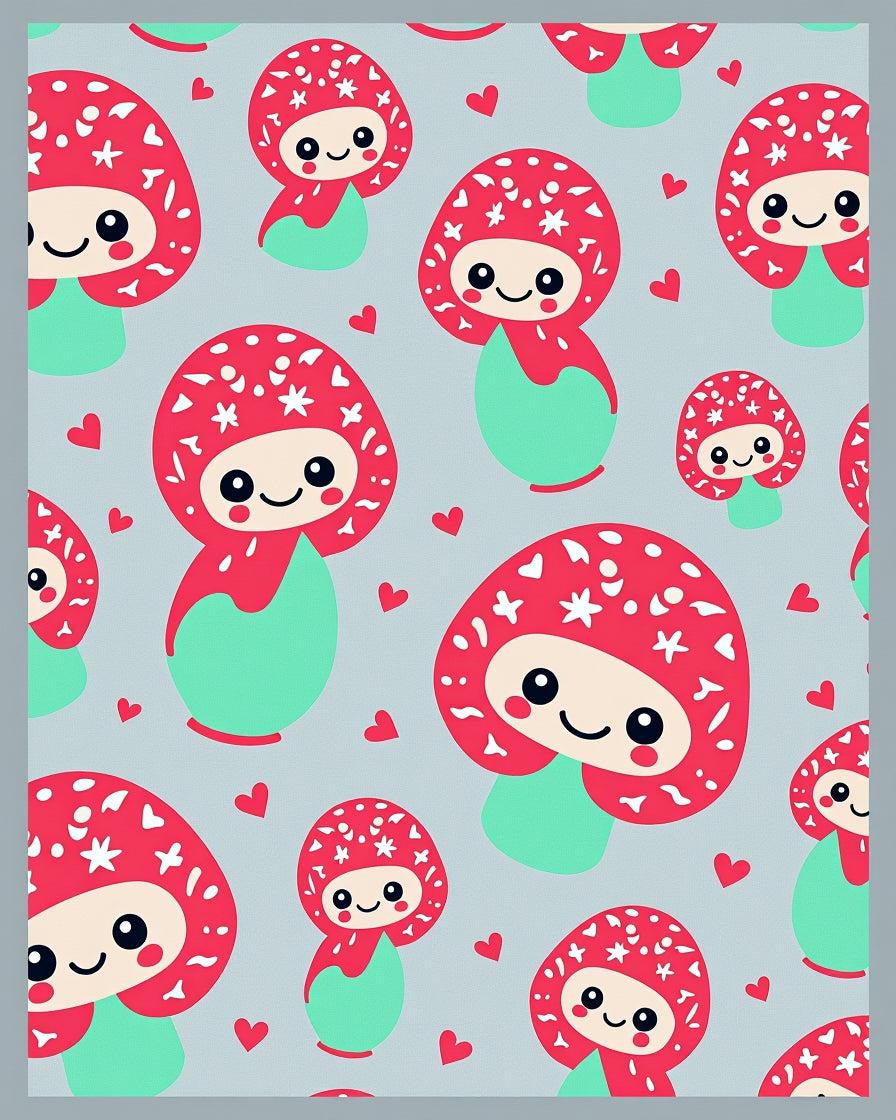 Cute Red Mushroom Characters With Hearts Rug