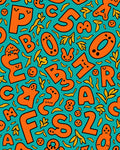 Playful Orange Alphabet Teal Collage Rug
