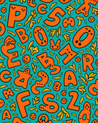 Playful Orange Alphabet Teal Collage Rug