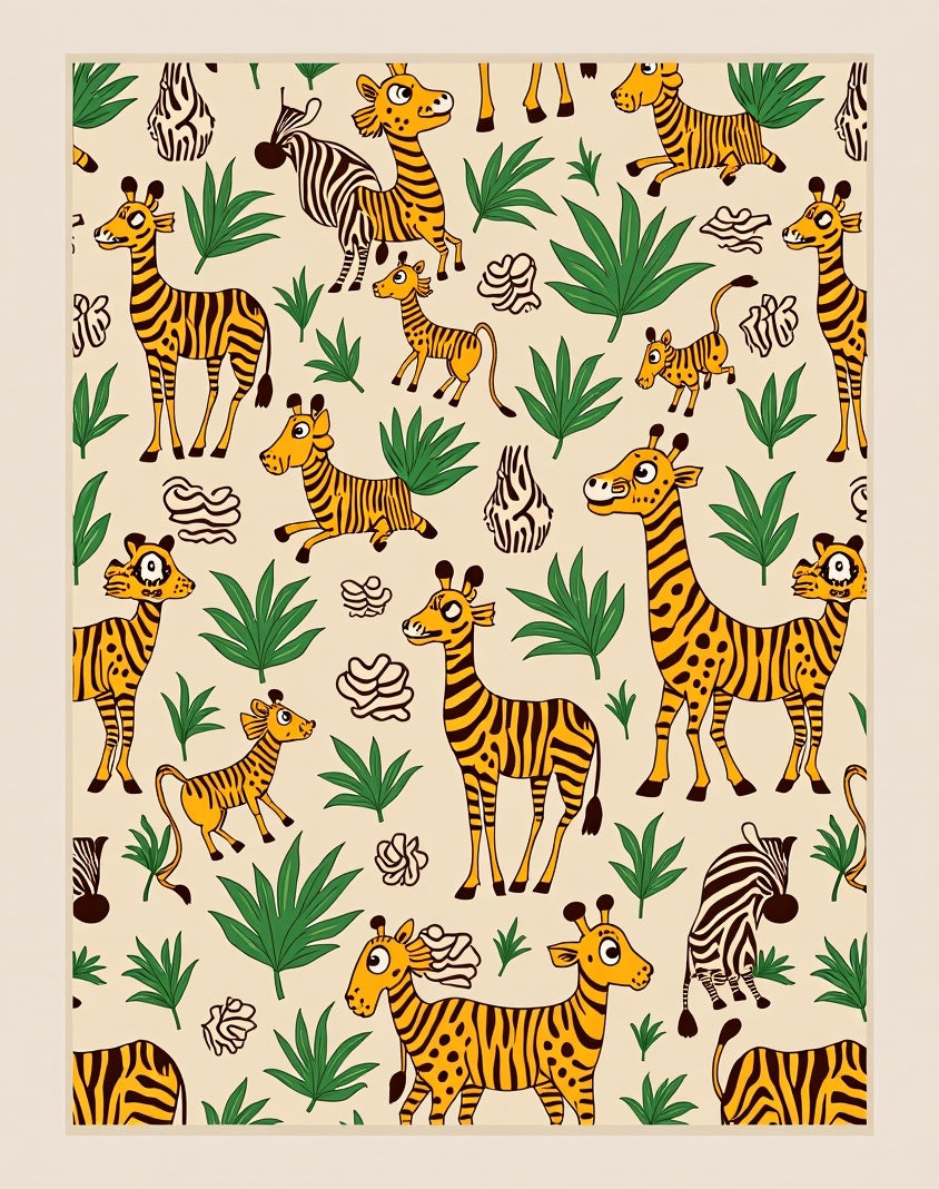 Whimsical Safari Animals Green Foliage Rug