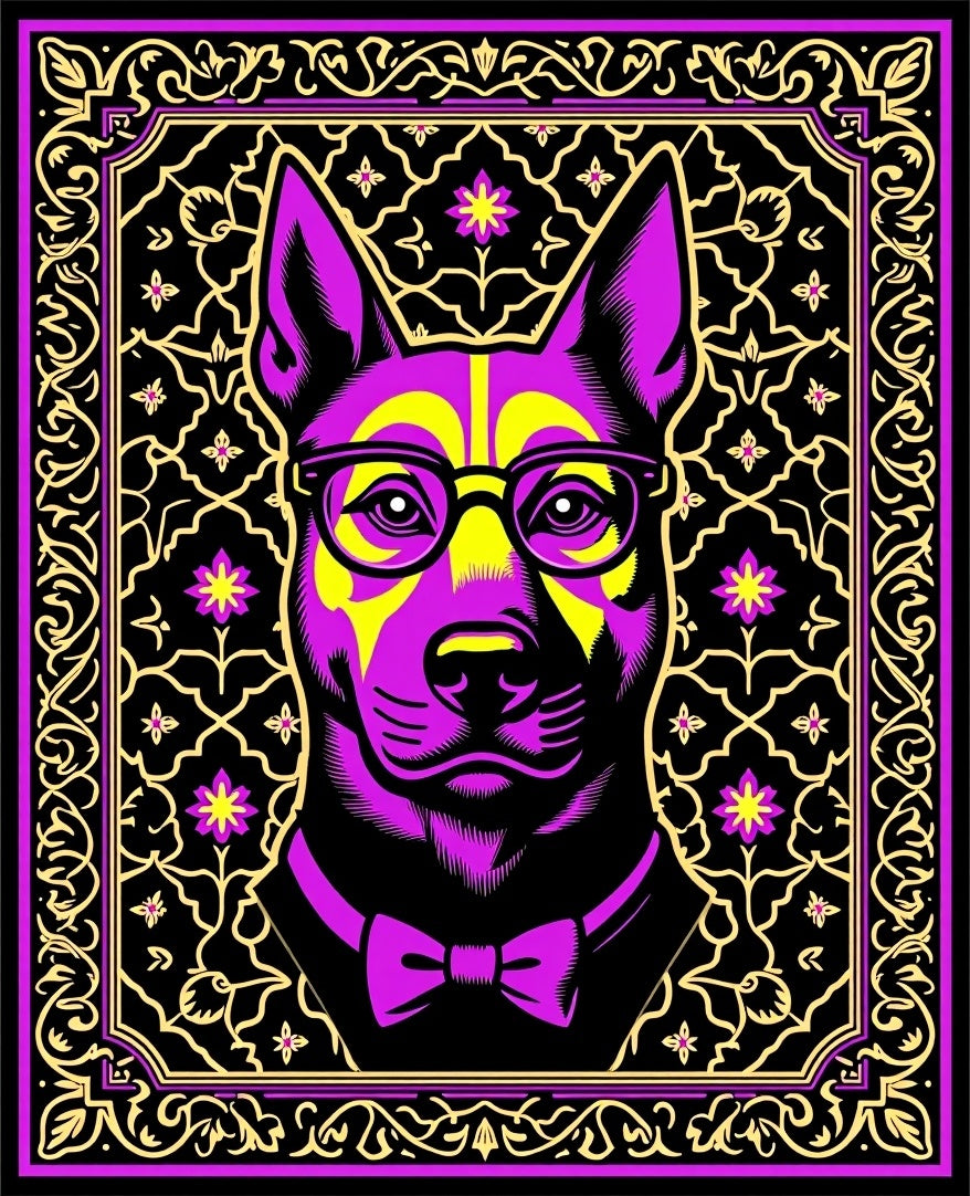 Vibrant Purple Yellow Canine Portrait Rug