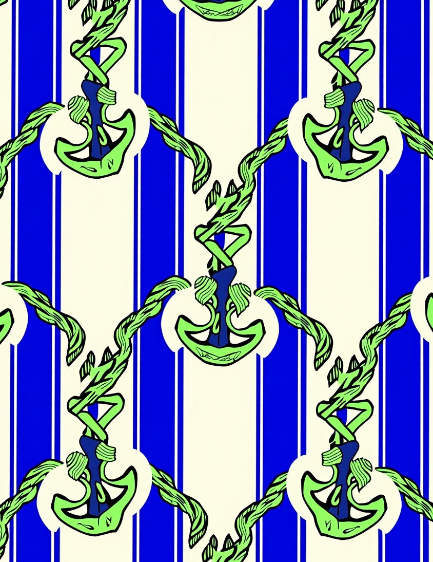 Nautical Green Anchor Blue Stripes Rug