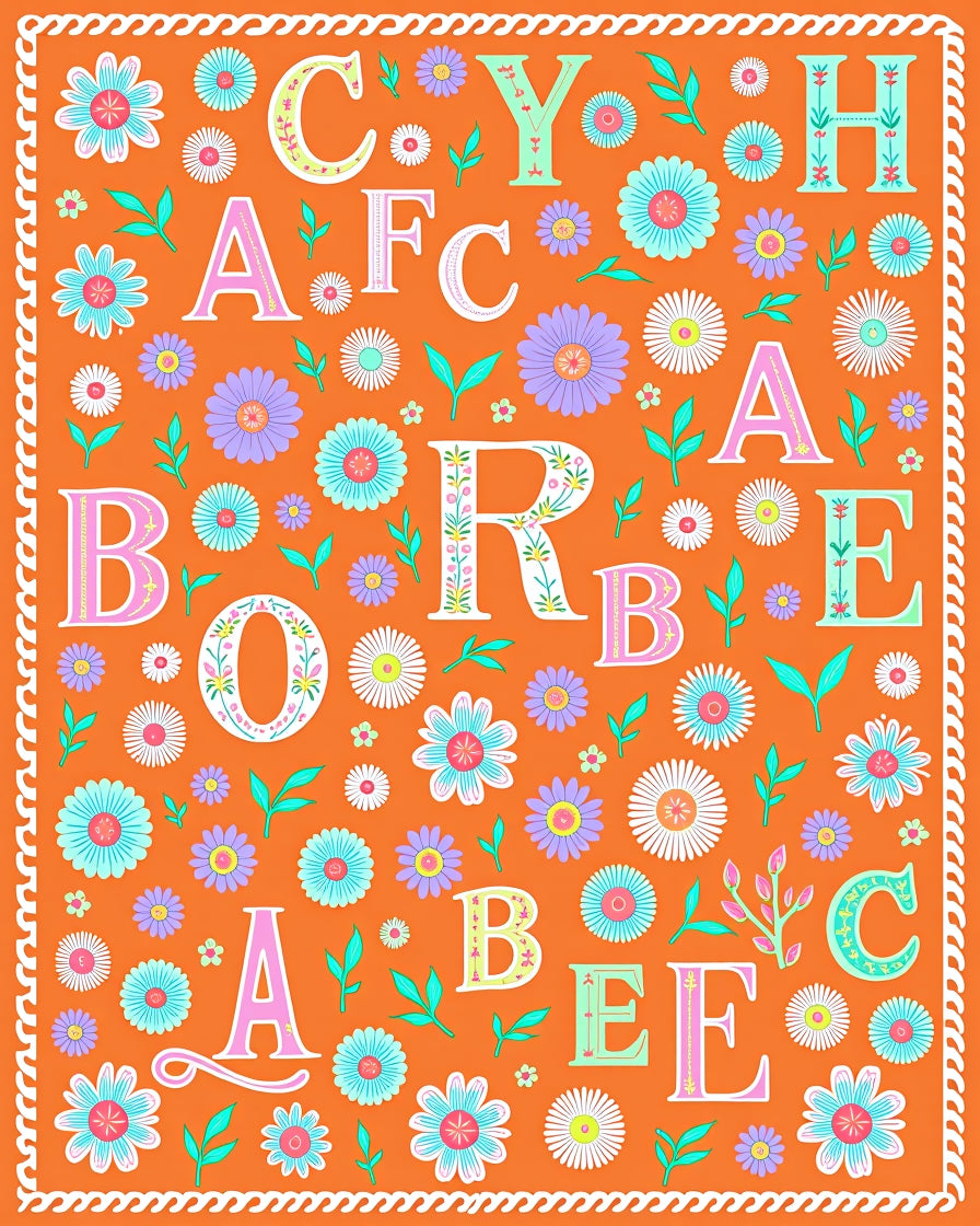 Whimsical Floral Alphabet Orange Rug