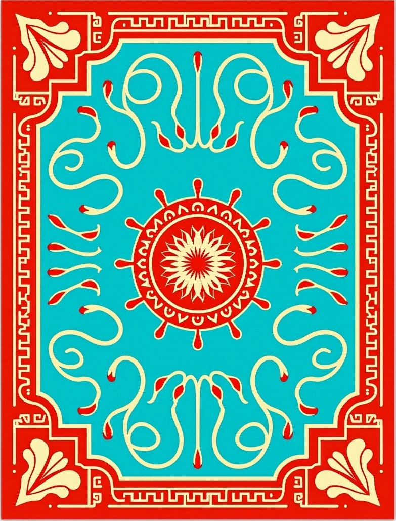 Crimson Aqua Abstract Floral Medallion Rug
