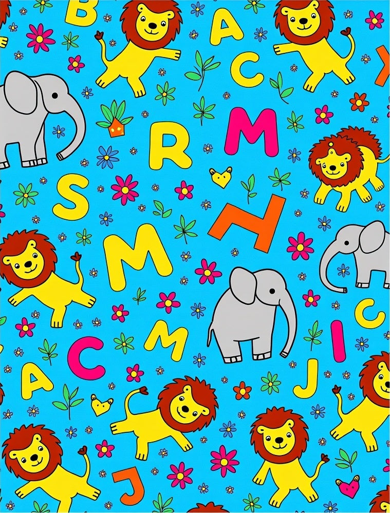 Whimsical Lion Elephant Alphabet Blue Rug