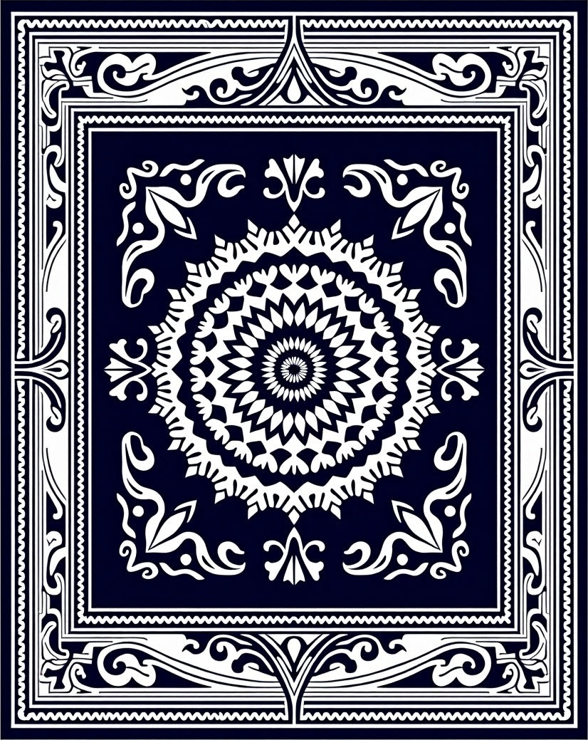 Navy White Intricate Mandala Border Rug