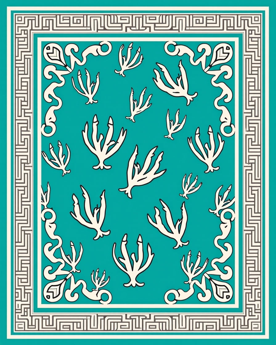 Turquoise Coral Medallion Border Rug