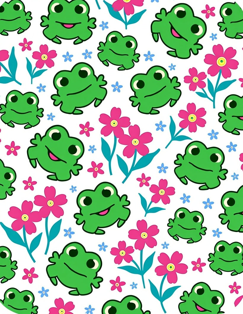 Happy Green Frog Pink Flower Garden Rug