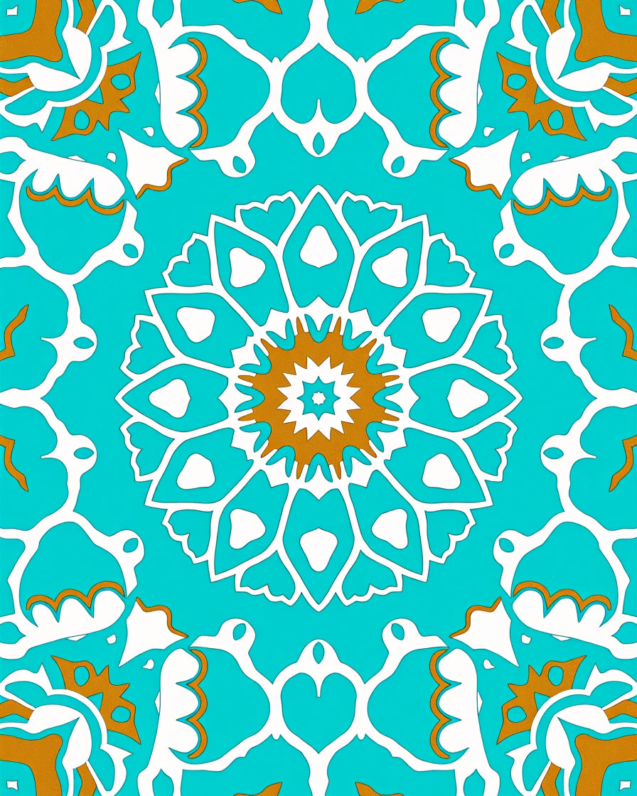 Teal White And Gold Floral Mandala Rug