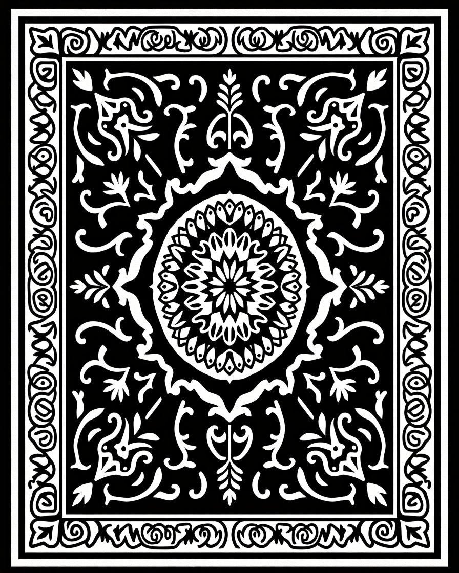 Black White Ornamental Scrollwork Rug