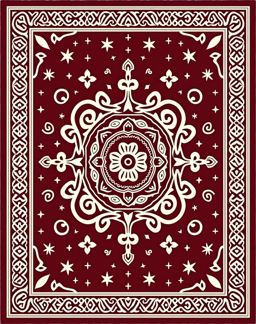 Deep Red Floral Medallion Bordered Rug