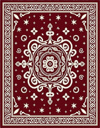 Deep Red Floral Medallion Bordered Rug