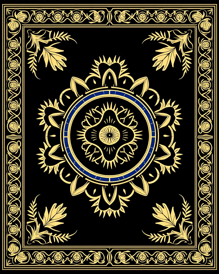 Golden Blue Circular Floral Border Rug