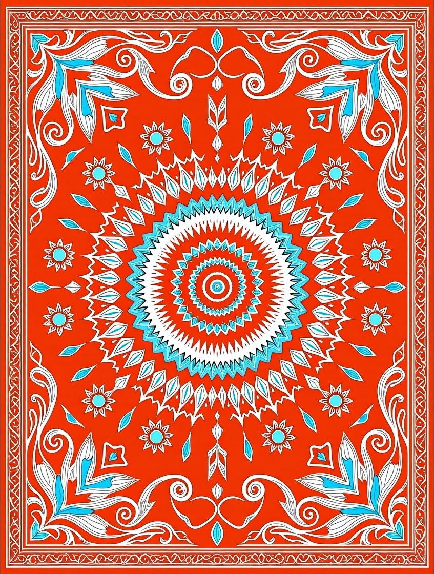 Vibrant Red Blue Mandala Floral Rug