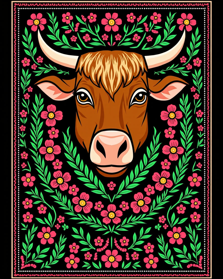 Brown Bull Pink Floral Garden Border Rug