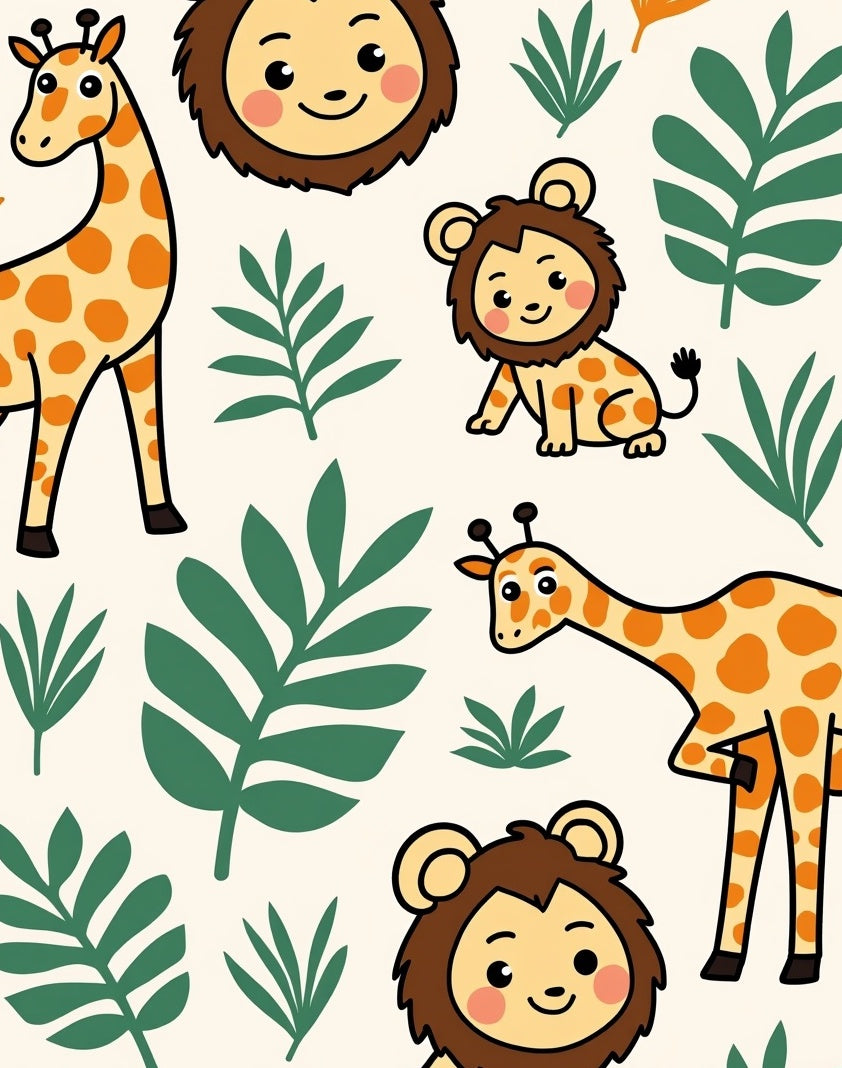 Cute Giraffes Lions Jungle Leaves Rug