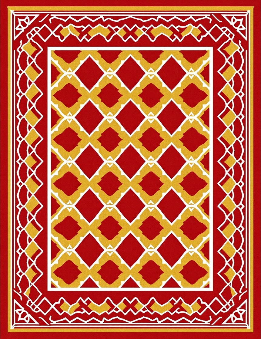 Bold Red Gold Geometric Diamond Frame Rug
