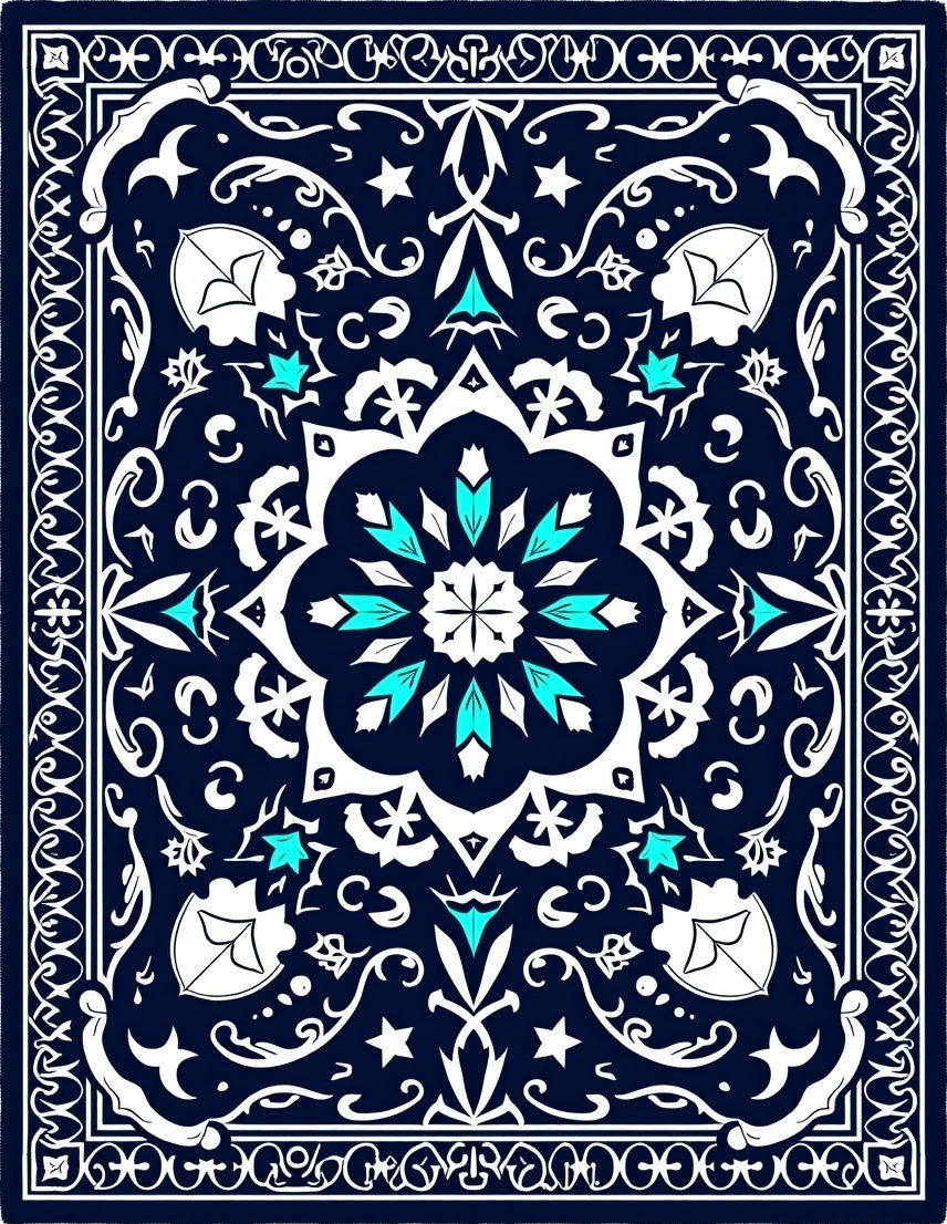Deep Blue Cyan Starburst Medallion Rug