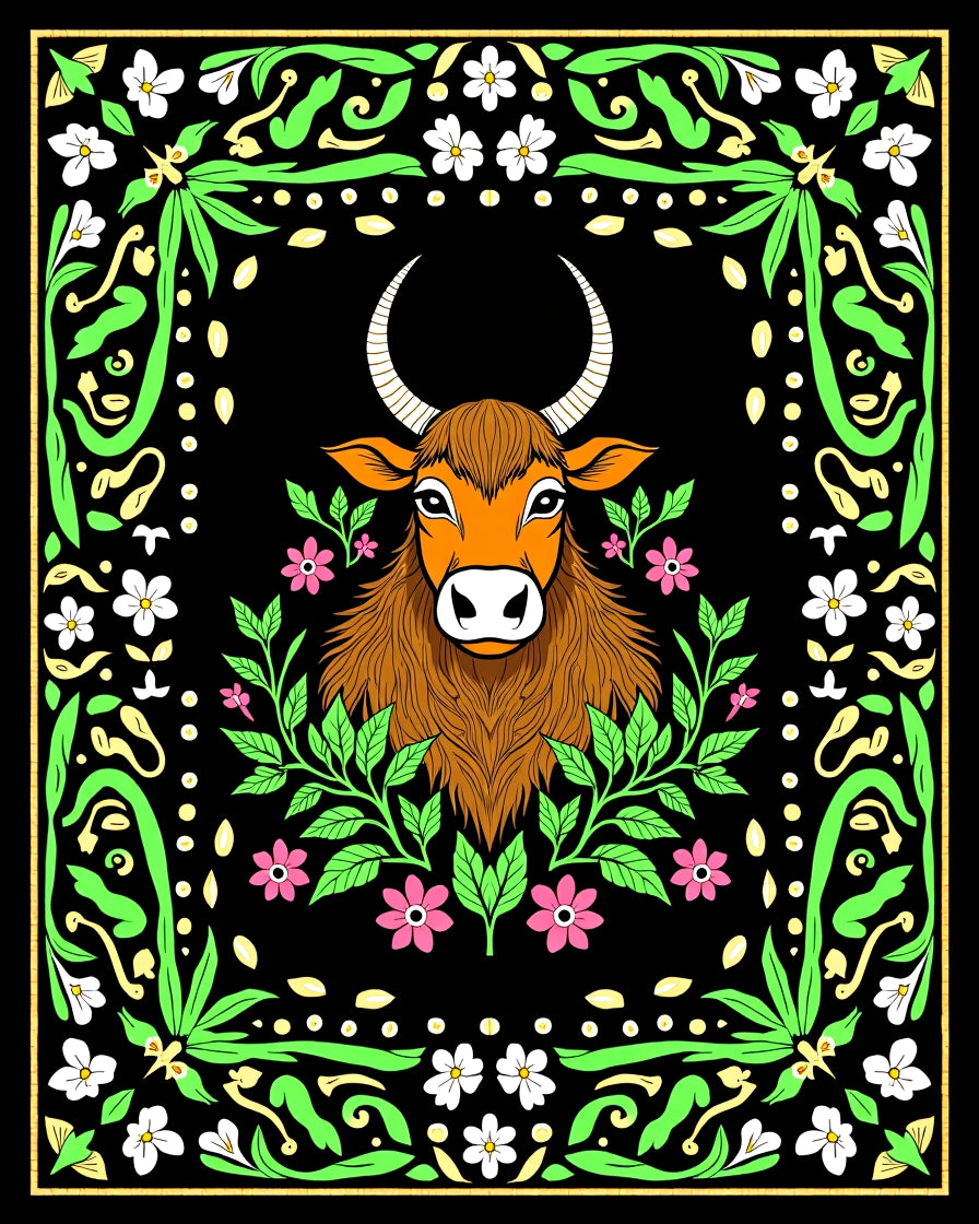 Whimsical Brown Bull Floral Border Rug