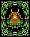 Whimsical Brown Bull Floral Border Rug