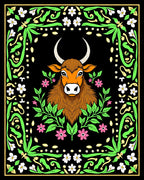 Whimsical Brown Bull Floral Border Rug
