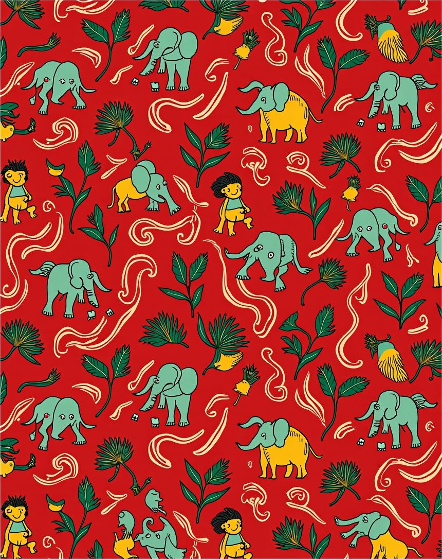 Jungle Elephants And Figures On Red Rug