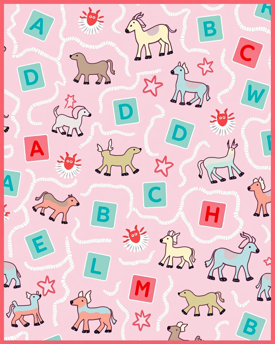 Pink Pastel Farm Animals Alphabet Cubes Rug