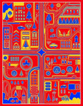 Red Yellow Blue Cityscape Town Map Rug