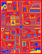 Red Yellow Blue Cityscape Town Map Rug