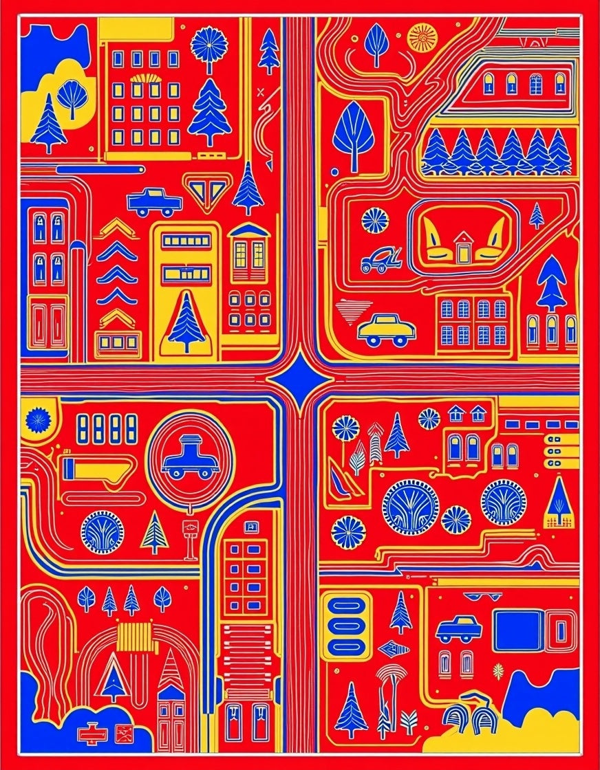 Red Yellow Blue Cityscape Town Map Rug