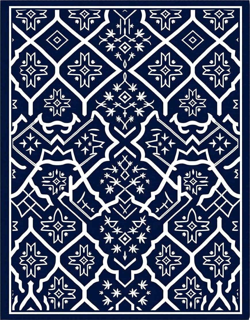Deep Blue Floral Medallion Geometric Rug