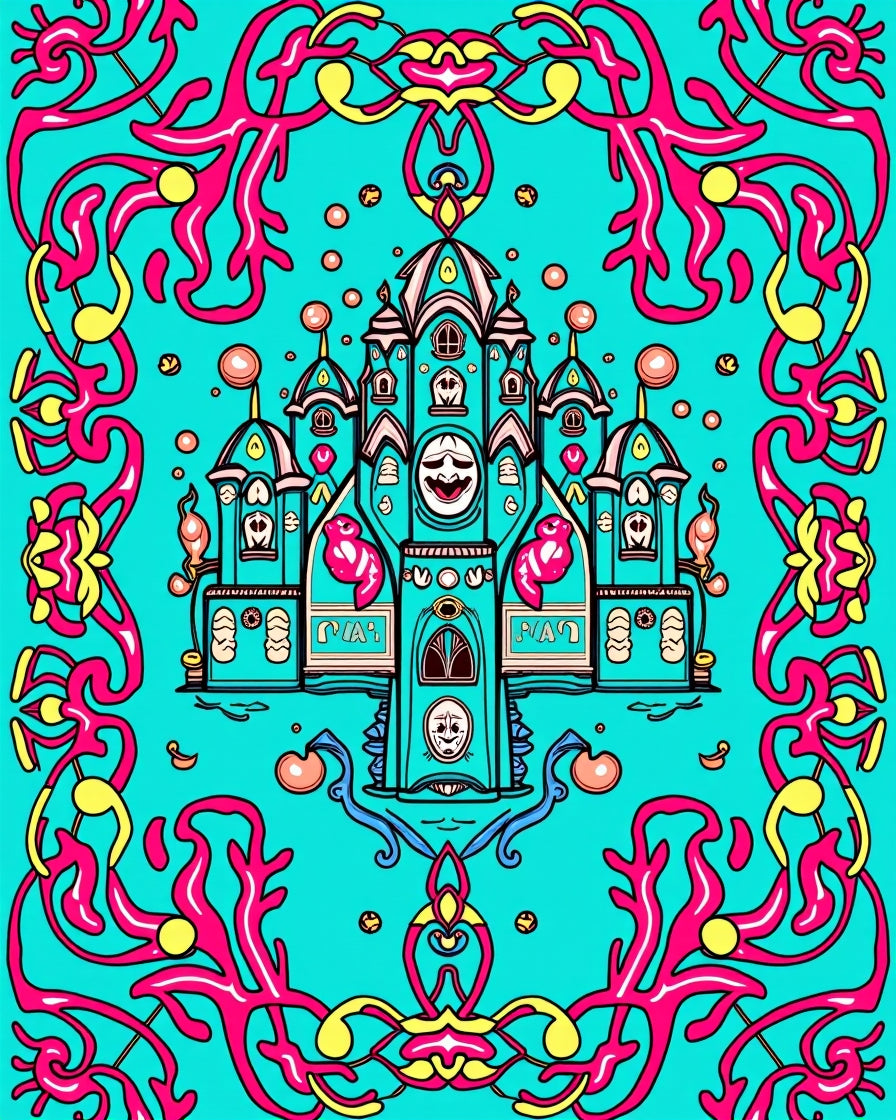 Whimsical Teal Castle Ornamental Swirl Rug
