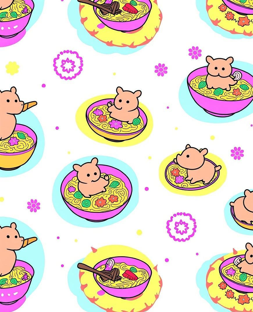 Cute Piggy Ramen Bowl Collage Rug